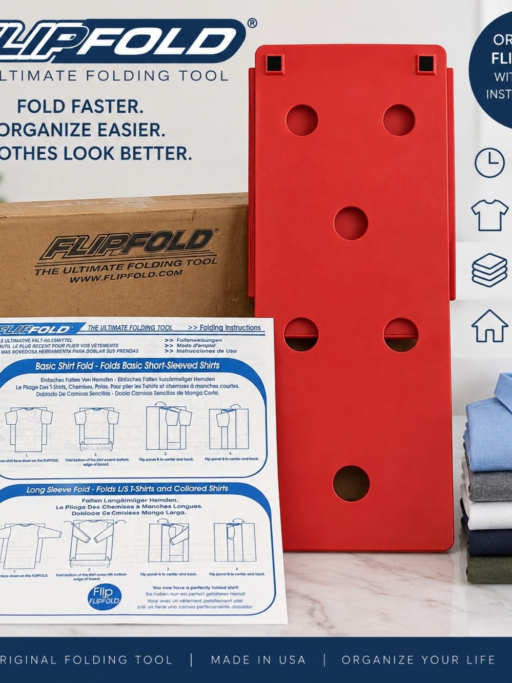 FlipFold Ultimate Folding Tool Red Shirt Laundry Folder w Box Instructions